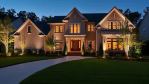 Luxurious modern Charlotte home exterior with manicured landscape, professional lighting, contemporary architecture, upscale neighborhood setting, no signage or text visible