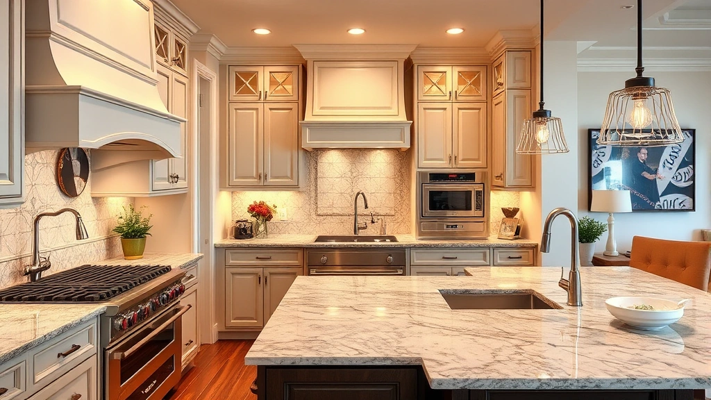 Elegant gourmet kitchen with high-end appliances, marble countertops, custom cabinetry, professional design, warm lighting, open to living space, no text or signage