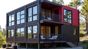 Modern container home exterior with multiple stacked shipping containers, large windows, metal railings, natural landscape surroundings, contemporary design, bright daylight