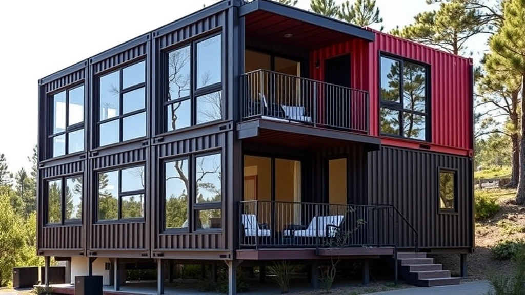 Modern container home exterior with multiple stacked shipping containers, large windows, metal railings, natural landscape surroundings, contemporary design, bright daylight