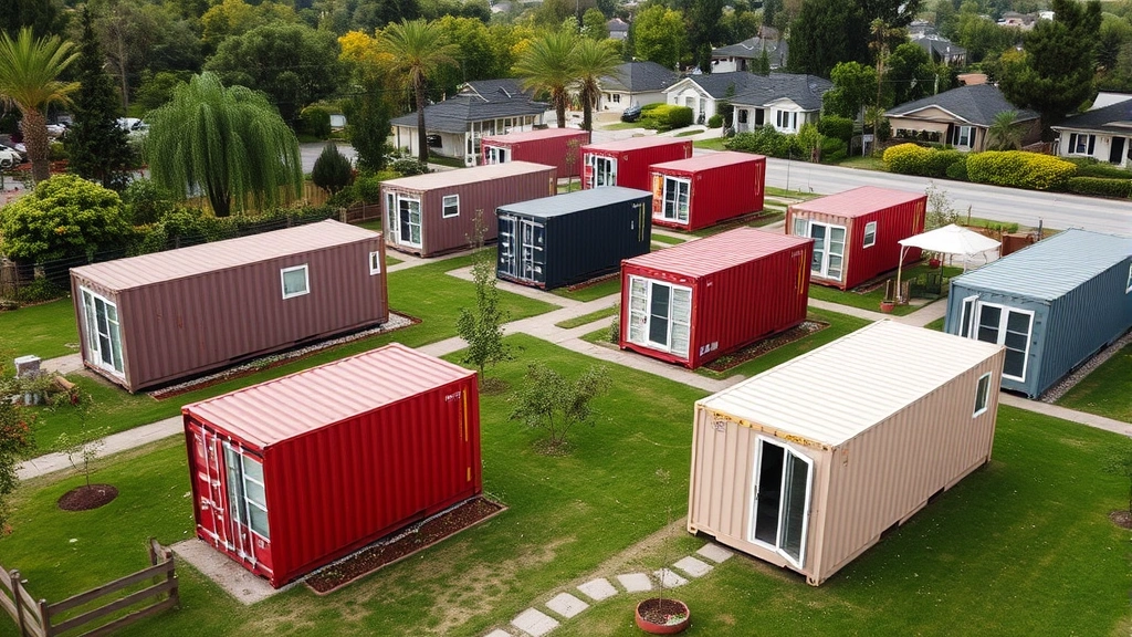 Container home community with multiple converted shipping containers arranged on green property, pathways between homes, trees and vegetation, residential setting