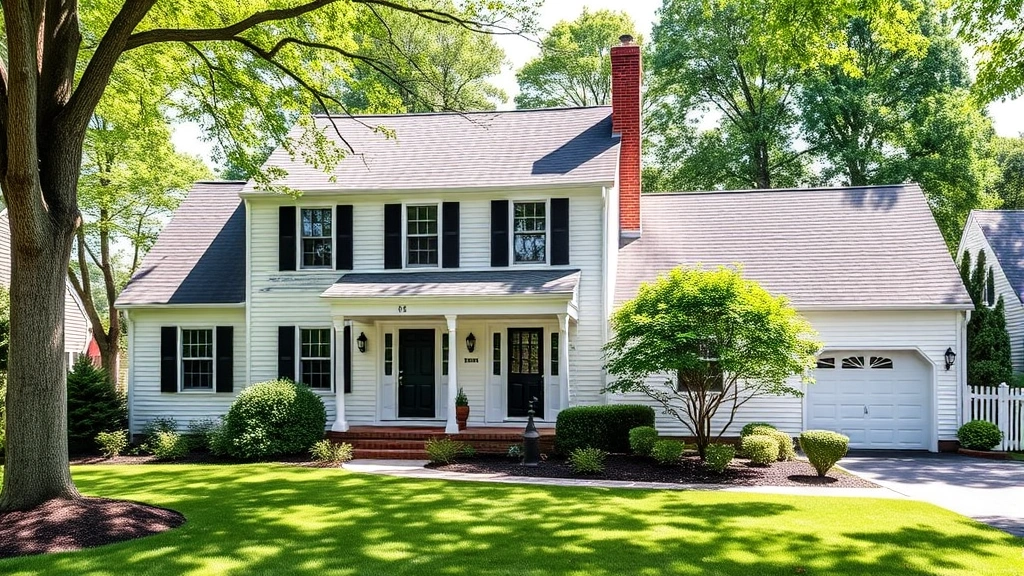 Charming colonial-style single family home with white exterior, black shutters, manicured lawn with mature trees, and welcoming front porch in suburban Connecticut setting