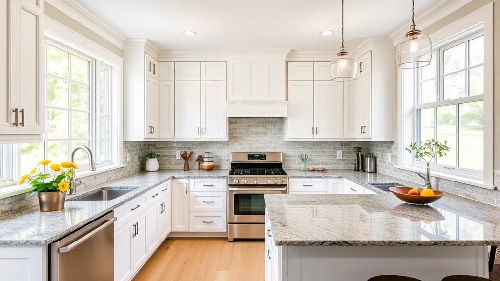 Modern updated kitchen with white cabinetry, stainless steel appliances, granite countertops, and natural light from large windows in a Connecticut home