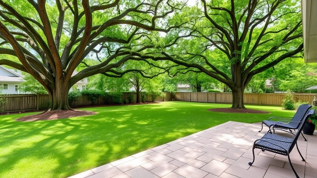 Spacious backyard with mature oak trees, patio area, and green lawn, showing the generous lot sizes available in Monroe Connecticut residential neighborhoods