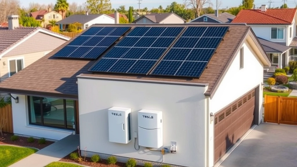 Modern residential home with Tesla solar panels on roof and Powerwall battery unit visible on exterior wall, suburban neighborhood setting, daytime lighting, professional real estate photography style