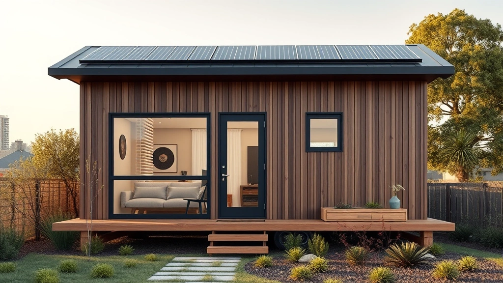 Modern sustainable tiny home with integrated solar roof panels and sleek exterior design, surrounded by landscaping and natural light, photorealistic architectural photography