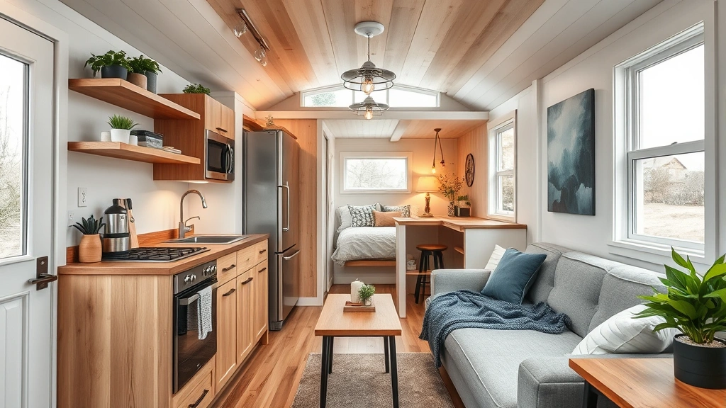 Interior of compact tiny home showing open floor plan with kitchen, living area, and bedroom space efficiently organized with smart storage solutions and contemporary finishes