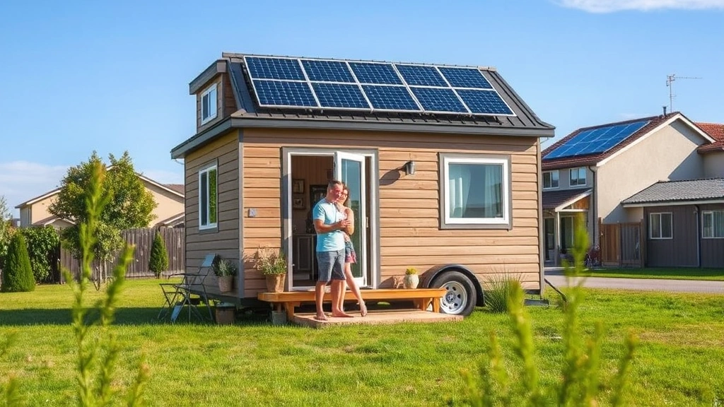 Family or couple enjoying outdoor space near tiny home with solar panels visible, demonstrating practical living and energy-independent residential lifestyle in suburban setting