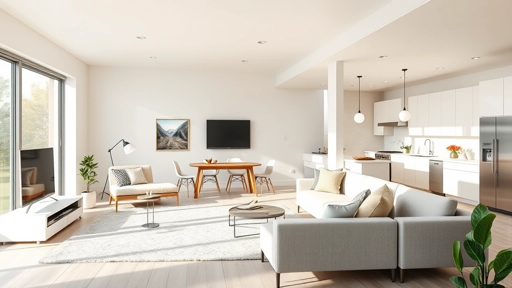 Modern two-bedroom home interior showing bright living room with neutral furnishings, large windows with natural light, and open floor plan connecting to kitchen area with contemporary appliances