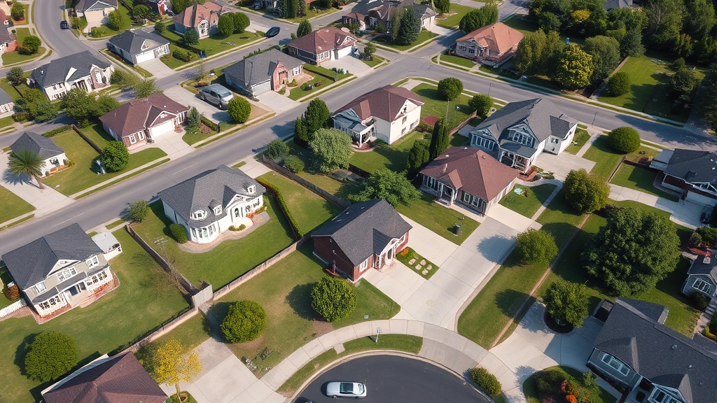 Aerial view of suburban neighborhood with multiple 2-bedroom homes featuring manicured lawns, driveways, tree-lined streets, and mixed architectural styles in daylight