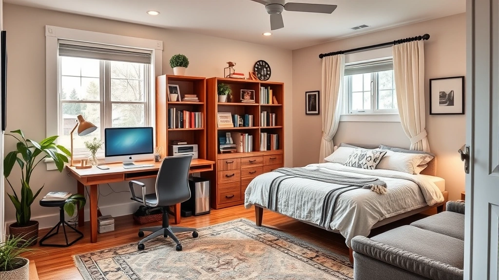 Cozy 2-bedroom home office setup with desk workspace, comfortable chair, bookshelves, and second bedroom converted into productive work area with professional lighting and minimal distractions
