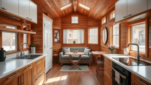 Cozy interior of a modern tiny home with wood finishes, white cabinetry, and large windows showing natural light, compact living room with sofa and small dining area