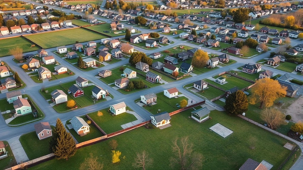 Aerial view of a tiny house community with multiple small homes arranged on green lots, driveways, and communal green spaces in a suburban setting