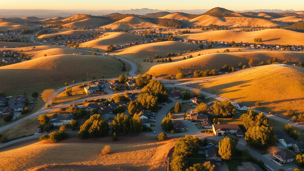 Aerial view of Nipomo California suburban neighborhood with homes scattered among rolling hills and oak trees, golden afternoon light, showing limited residential density
