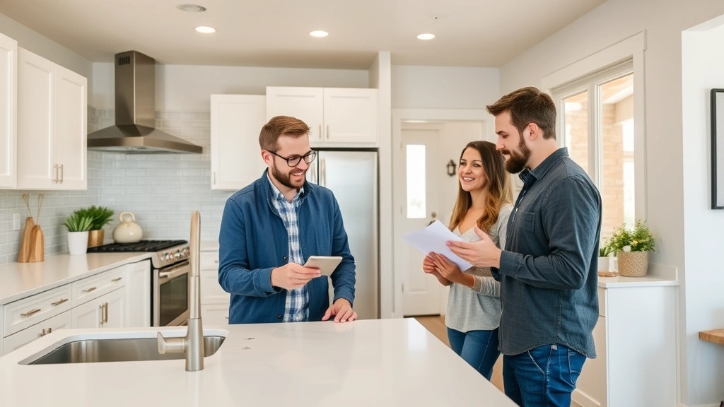 Real estate agent showing young couple a home interior in Nipomo, bright modern kitchen with stainless steel appliances, couple examining property with interest, professional and welcoming atmosphere
