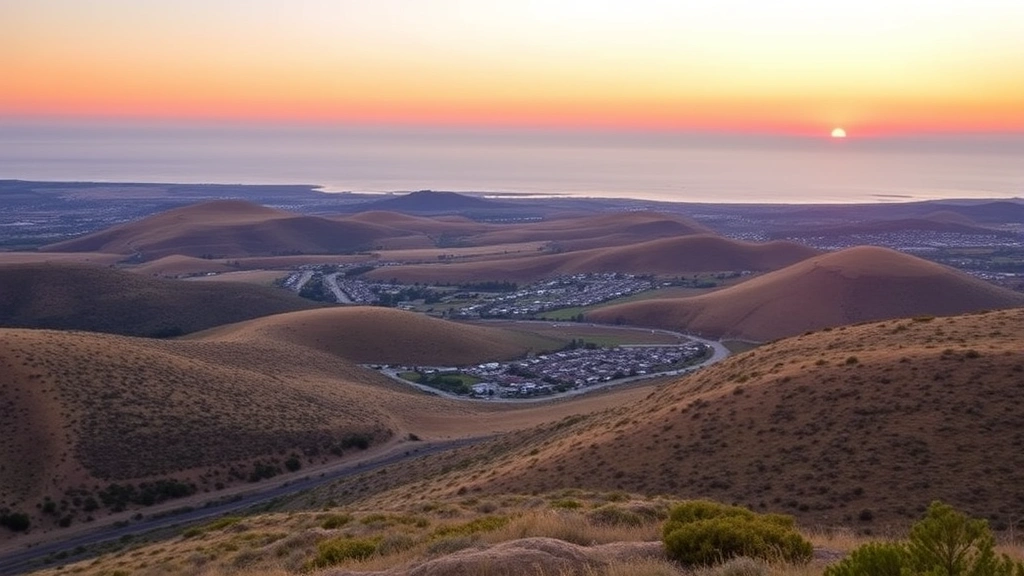 Sunset view of Nipomo area landscape with distant ocean horizon, rolling terrain with sparse development, demonstrating geographic constraints and limited buildable land available